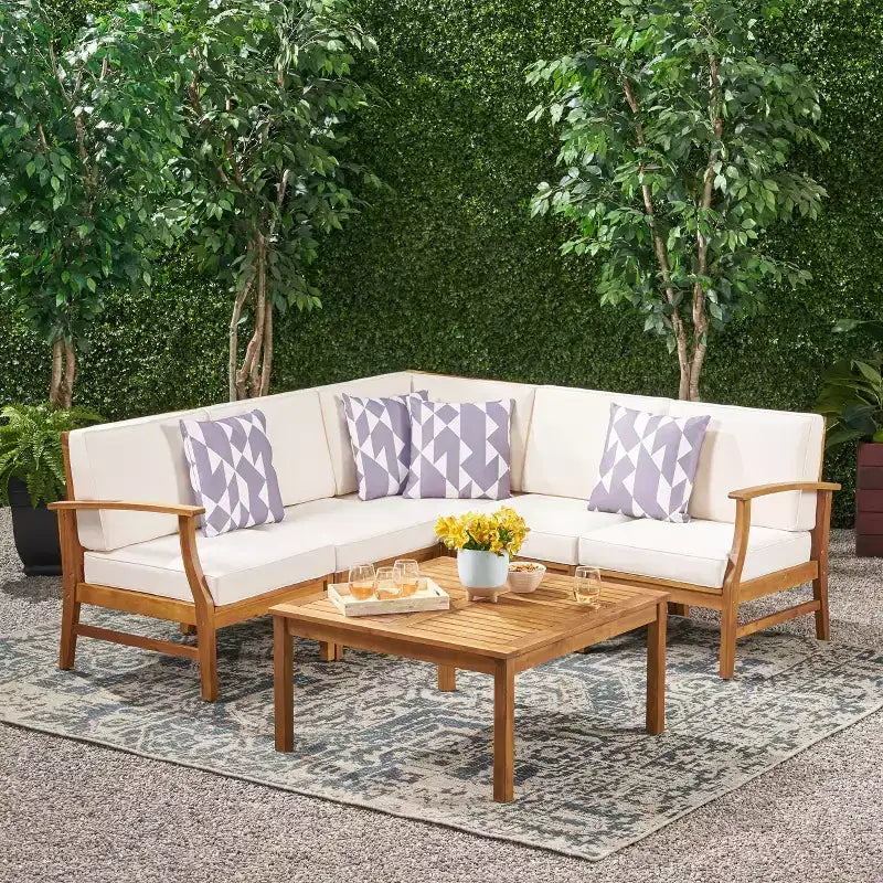 Christopher Knight Home Perla Outdoor Sektional-Sofa-Set aus Akazienholz für 5 Personen mit wasserabweisenden Kissen