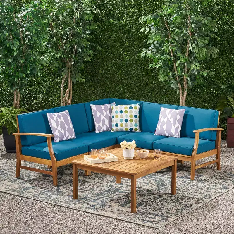 Christopher Knight Home Perla Outdoor Sektional-Sofa-Set aus Akazienholz für 5 Personen mit wasserabweisenden Kissen