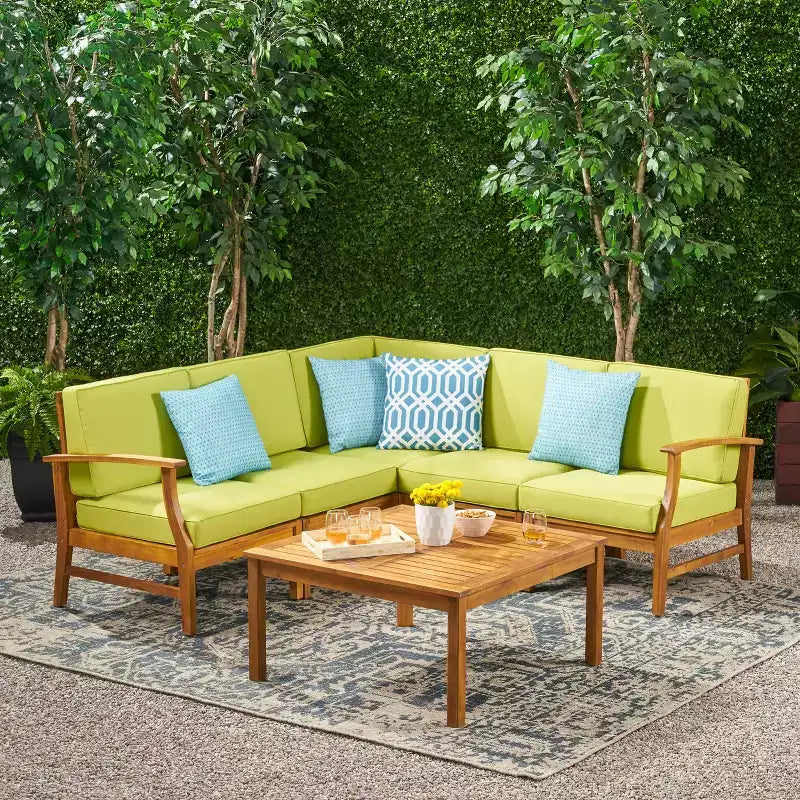 Christopher Knight Home Perla Outdoor Sektional-Sofa-Set aus Akazienholz für 5 Personen mit wasserabweisenden Kissen