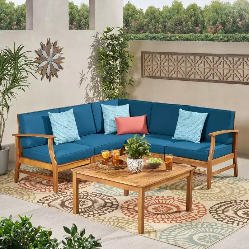 Christopher Knight Home Perla Outdoor Acacia Wood 5 Seater Sectional Sofa Chat Set with Water-Resistant Cushions