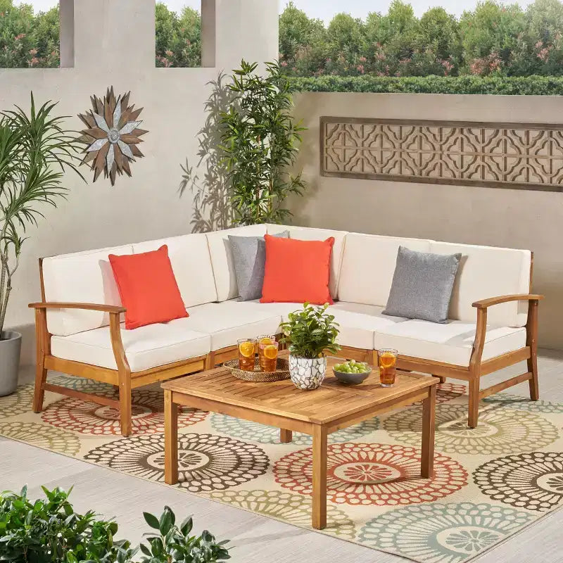 Christopher Knight Home Perla Outdoor Sektional-Sofa-Set aus Akazienholz für 5 Personen mit wasserabweisenden Kissen