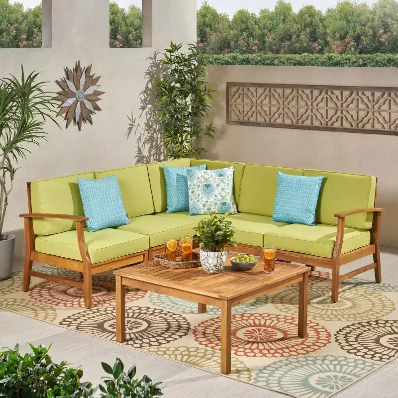 Christopher Knight Home Perla Outdoor Sektional-Sofa-Set aus Akazienholz für 5 Personen mit wasserabweisenden Kissen