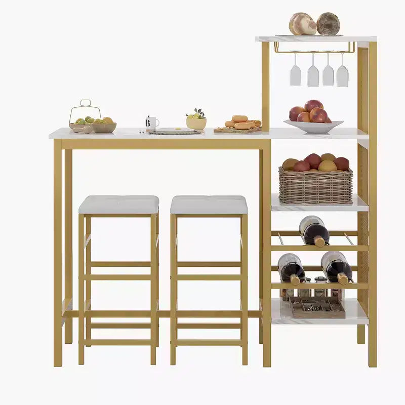 VECELO 3-teiliges Essgruppe in Thekenhöhe, Bartisch und Stühle-Set für 2 mit Getränkehalter & Weinregal, PU-Leder gepolsterte Hocker, Braun/Gold