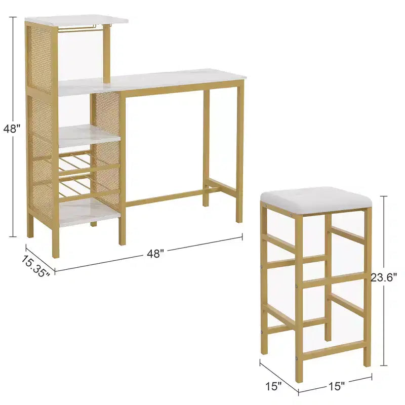 VECELO 3-teiliges Essgruppe in Thekenhöhe, Bartisch und Stühle-Set für 2 mit Getränkehalter & Weinregal, PU-Leder gepolsterte Hocker, Braun/Gold