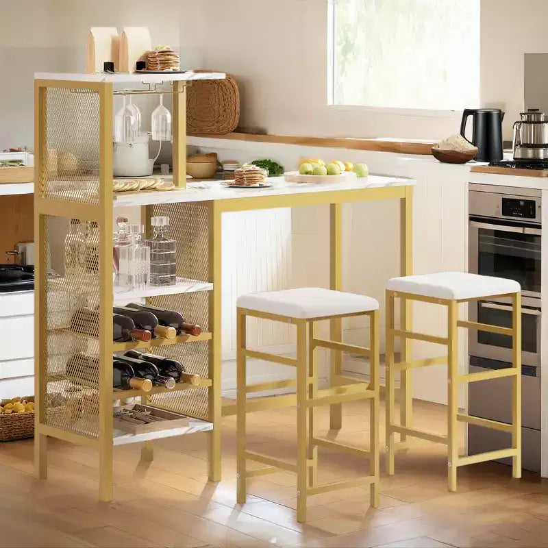 VECELO 3-teiliges Essgruppe in Thekenhöhe, Bartisch und Stühle-Set für 2 mit Getränkehalter & Weinregal, PU-Leder gepolsterte Hocker, Braun/Gold