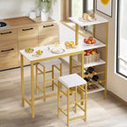 VECELO 3-teiliges Essgruppe in Thekenhöhe, Bartisch und Stühle-Set für 2 mit Getränkehalter & Weinregal, PU-Leder gepolsterte Hocker, Braun/Gold