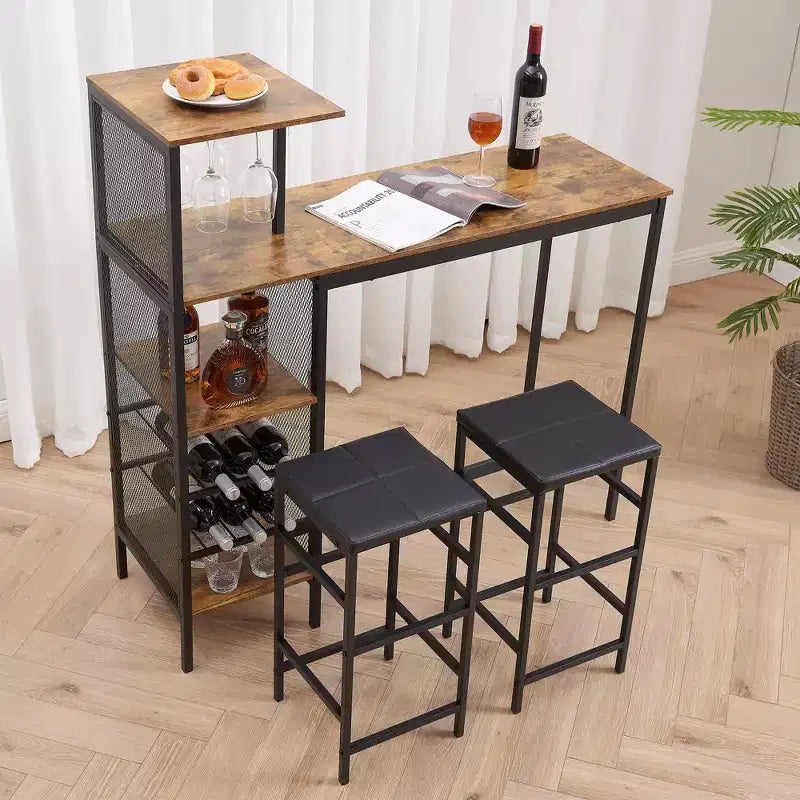 VECELO 3-teiliges Essgruppe in Thekenhöhe, Bartisch und Stühle-Set für 2 mit Getränkehalter & Weinregal, PU-Leder gepolsterte Hocker, Braun/Gold