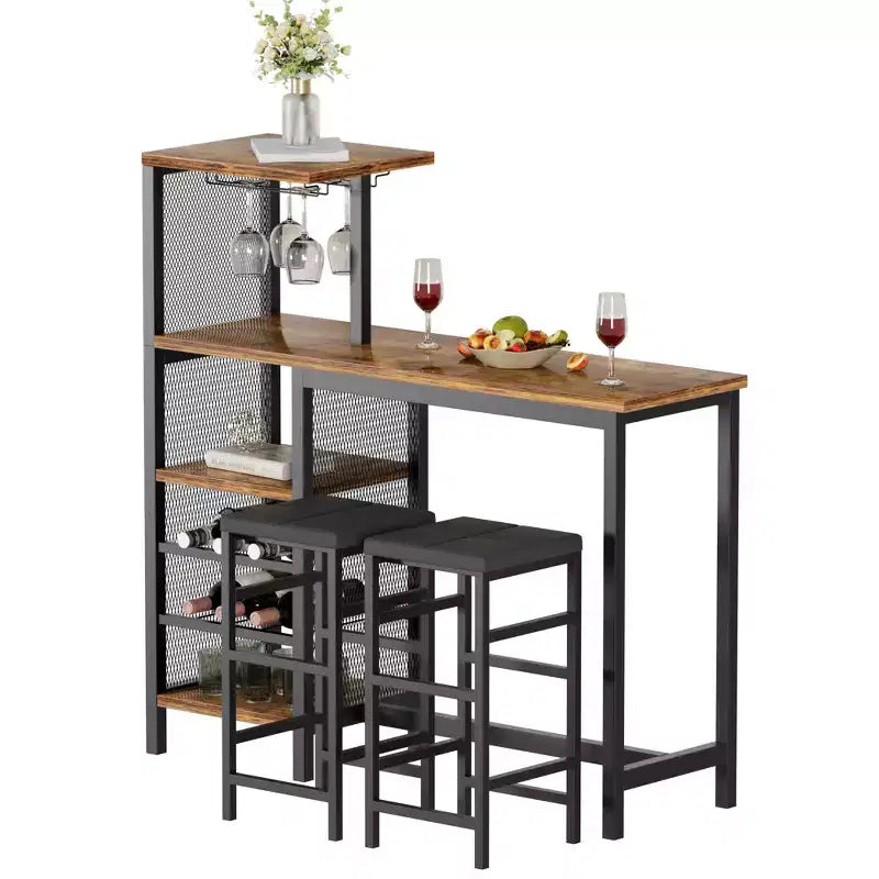 VECELO 3pcs Counter Height Dining Set Bar Table and Chairs Set for 2 with Cup Holder & Wine Rack, PU Leather Cushion Stools, Brown/Gold