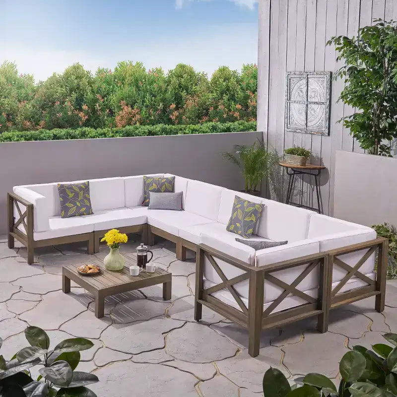 Christopher Knight Home Brava Outdoor Acacia Wood 8 Seater Sectional Sofa Chat Set with Cushions