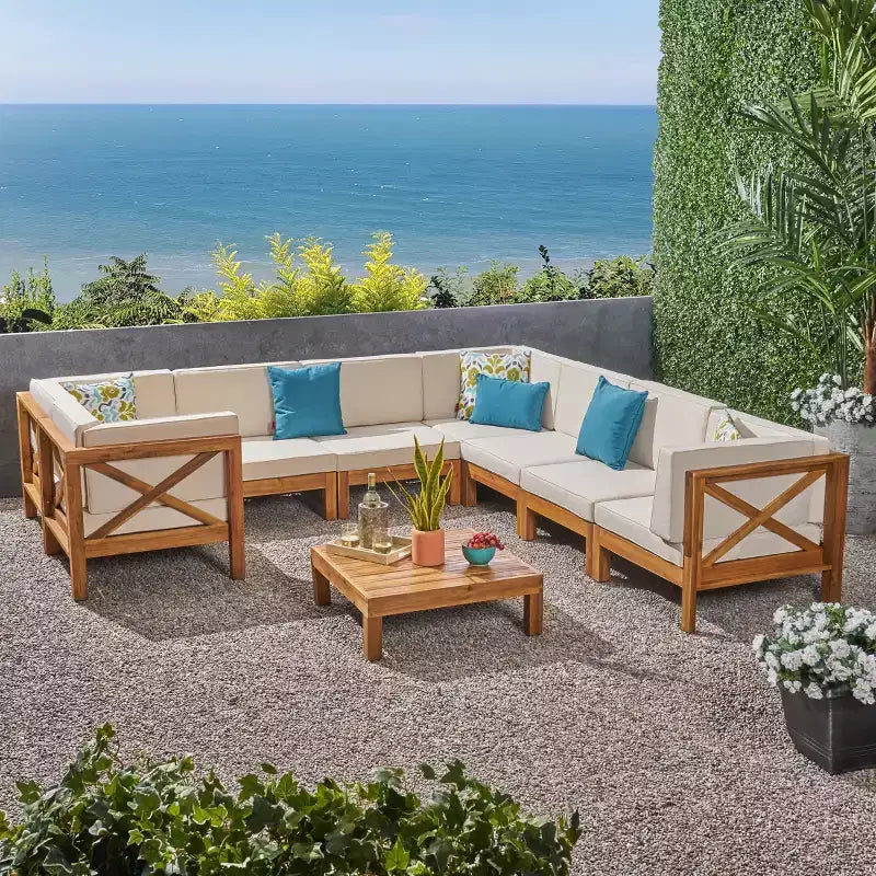 Christopher Knight Home Brava Outdoor 8-Sitzer Ecksofa-Set aus Akazienholz mit Kissen