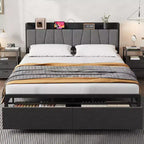 Whizmax Full Size Bed Frame with Upholstered Headboard, Industrial Full Platform Bed with 2 Storage Drawers and Charging Station, No Box Spring Needed