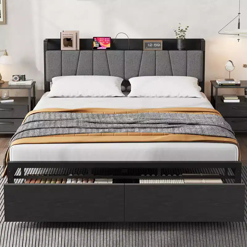 Whizmax Full Size Bed Frame with Upholstered Headboard, Industrial Full Platform Bed with 2 Storage Drawers and Charging Station, No Box Spring Needed