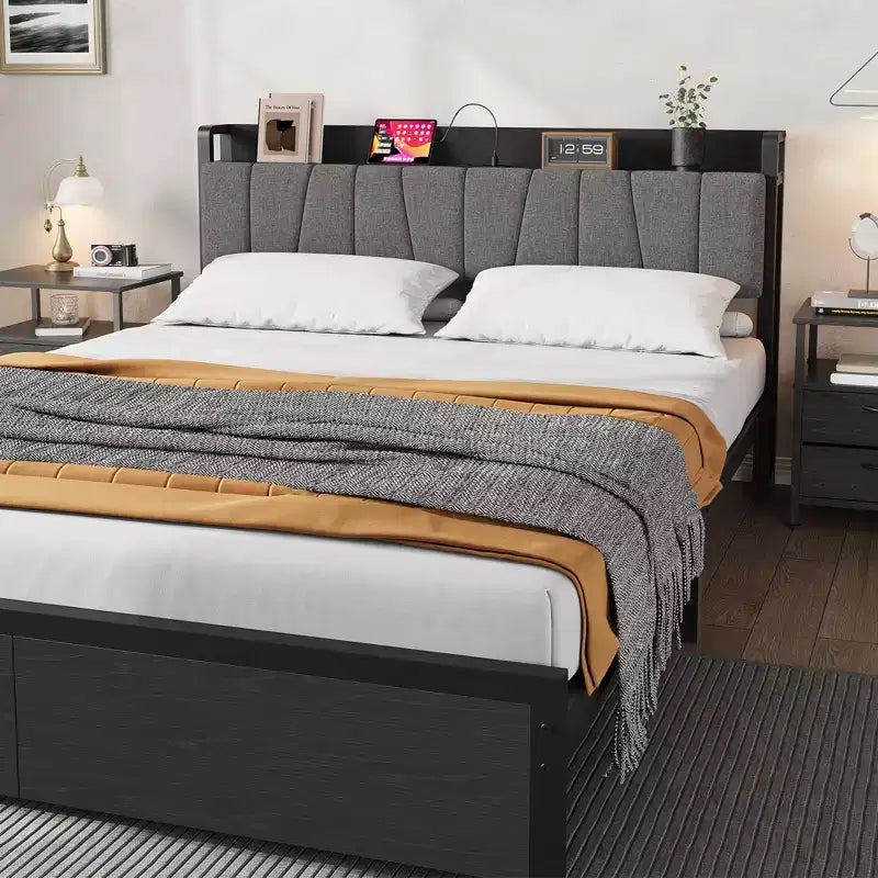 Whizmax Doppelbettrahmen mit gepolstertem Kopfteil, industrielles Plattformbett mit 2 Schubladen und Ladestation, kein Boxspringbett erforderlich