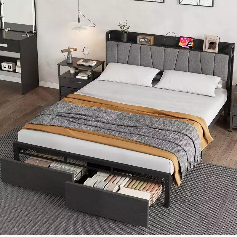 Whizmax Doppelbettrahmen mit gepolstertem Kopfteil, industrielles Plattformbett mit 2 Schubladen und Ladestation, kein Boxspringbett erforderlich