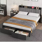 Whizmax Doppelbettrahmen mit gepolstertem Kopfteil, industrielles Plattformbett mit 2 Schubladen und Ladestation, kein Boxspringbett erforderlich