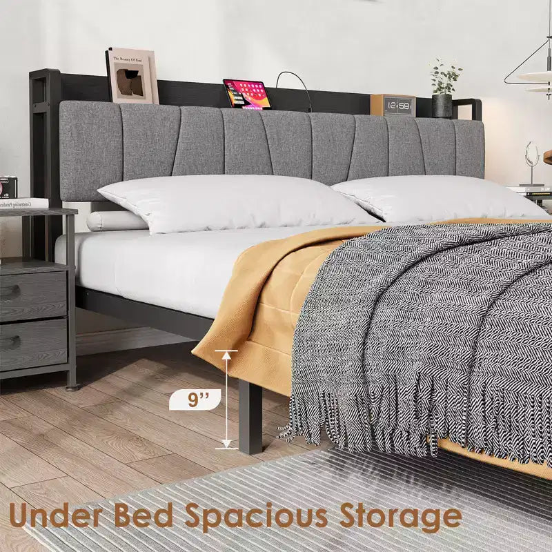 Whizmax Doppelbettrahmen mit gepolstertem Kopfteil, industrielles Plattformbett mit 2 Schubladen und Ladestation, kein Boxspringbett erforderlich