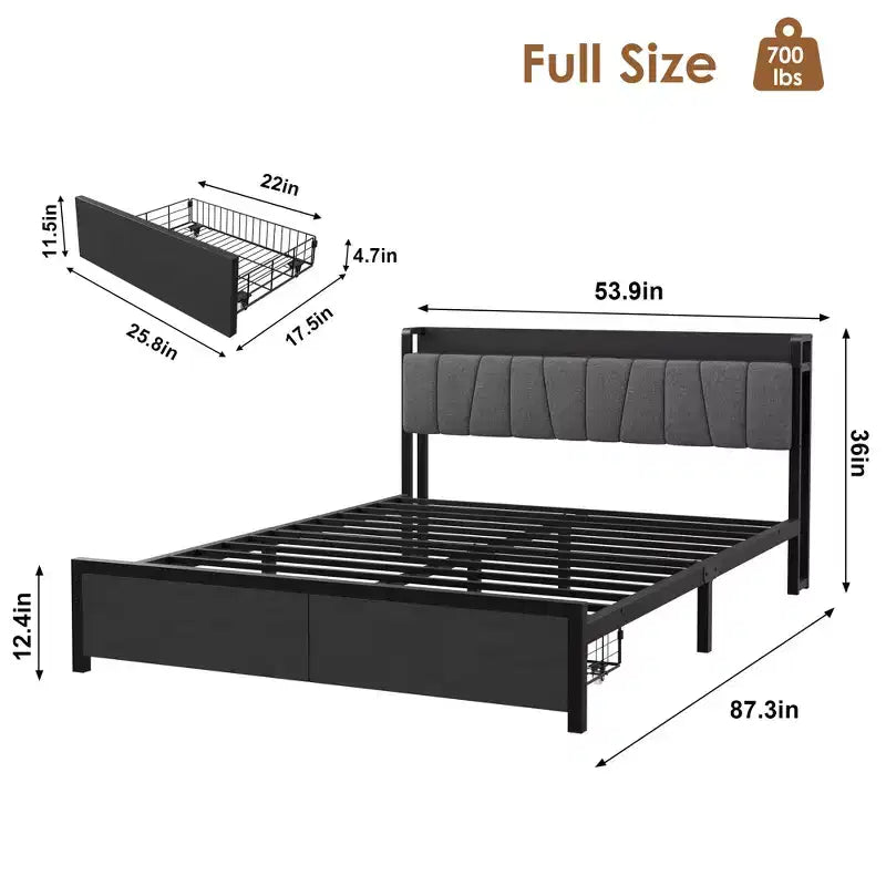 Whizmax Doppelbettrahmen mit gepolstertem Kopfteil, industrielles Plattformbett mit 2 Schubladen und Ladestation, kein Boxspringbett erforderlich