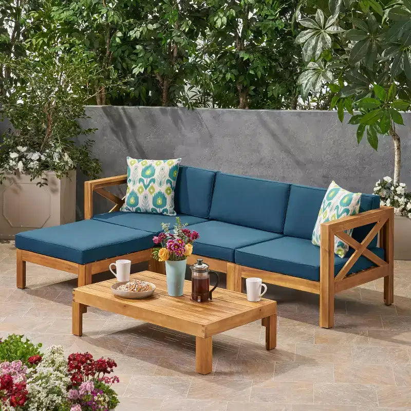 GDFStudio Allaire Akazienholz 3-Sitzer-Ecksofa-Set mit Ottomane