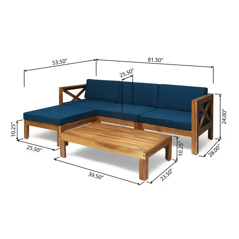 GDFStudio Allaire Akazienholz 3-Sitzer-Ecksofa-Set mit Ottomane
