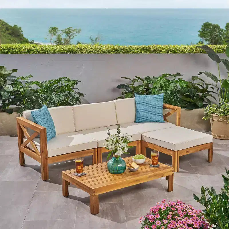 GDFStudio Allaire Akazienholz 3-Sitzer-Ecksofa-Set mit Ottomane