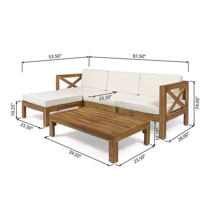 GDFStudio Allaire Akazienholz 3-Sitzer-Ecksofa-Set mit Ottomane