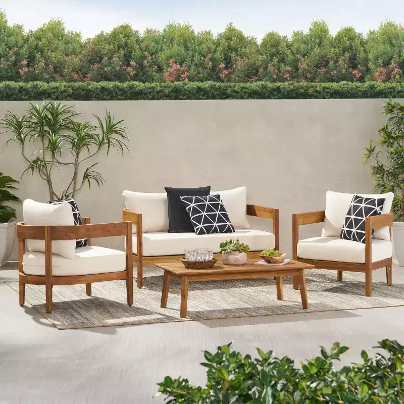 Christopher Knight Home Brooklyn Outdoor 4 Piece Acacia Wood Chat Set with Cushions