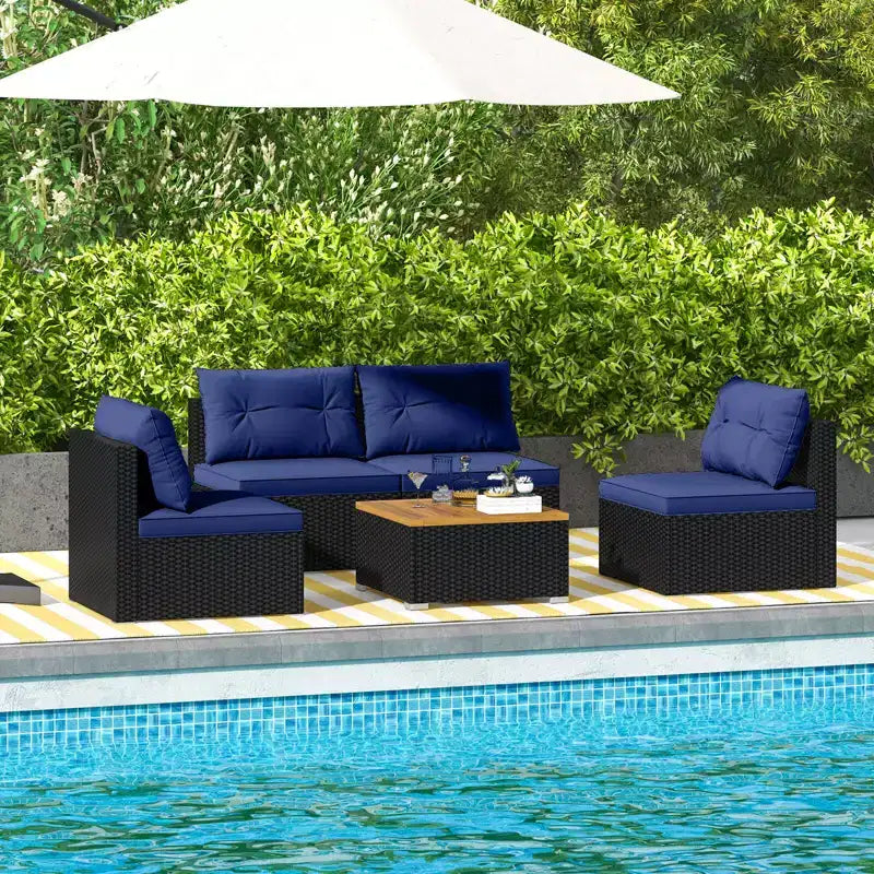 Costway 5-teiliges Outdoor-Möbelset mit Sitz- und Rückenkissen Akazienholz-Tischplatte Blau/Schwarz