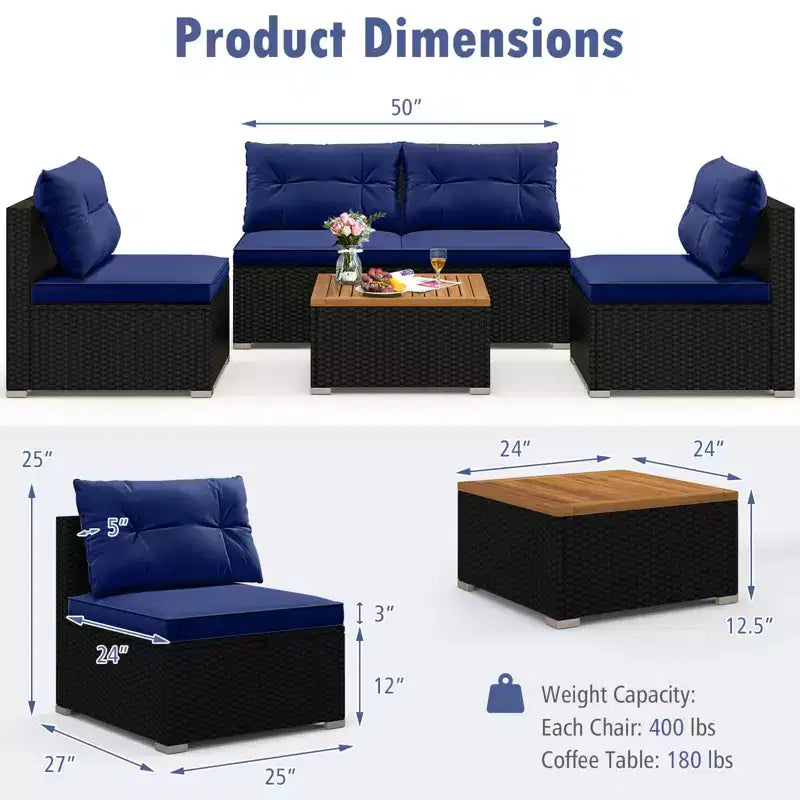 Costway 5-teiliges Outdoor-Möbelset mit Sitz- und Rückenkissen Akazienholz-Tischplatte Blau/Schwarz