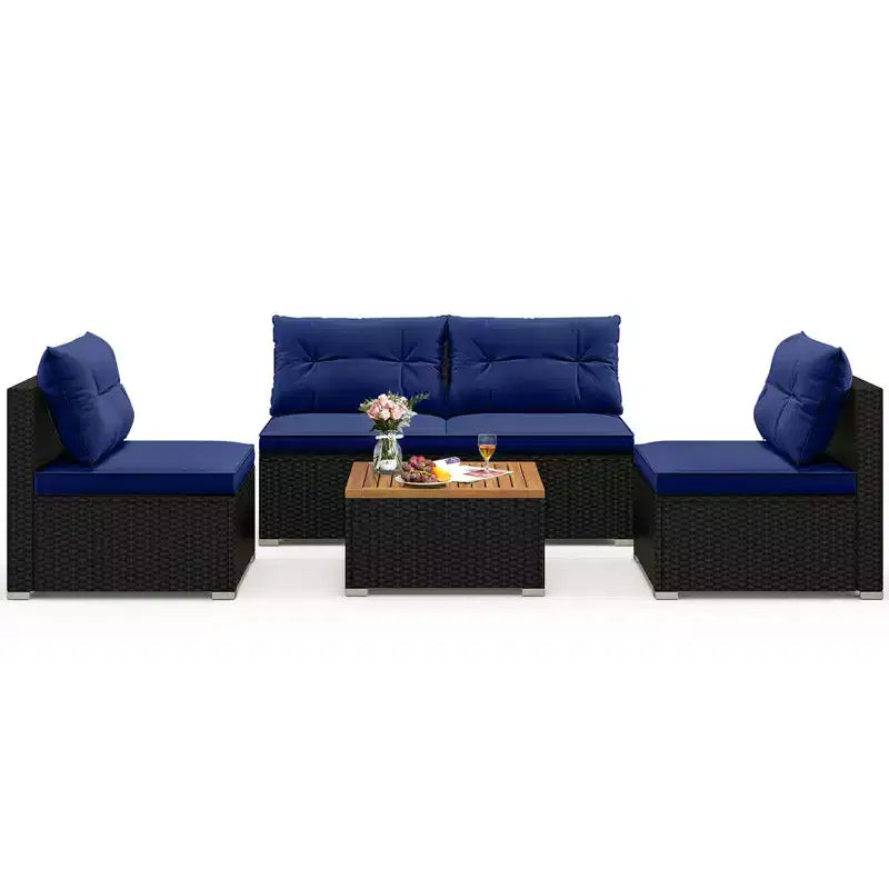 Costway 5-teiliges Outdoor-Möbelset mit Sitz- und Rückenkissen Akazienholz-Tischplatte Blau/Schwarz
