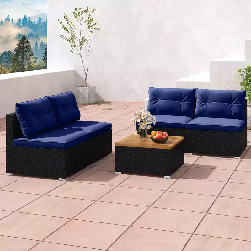 Costway 5-teiliges Outdoor-Möbelset mit Sitz- und Rückenkissen Akazienholz-Tischplatte Blau/Schwarz