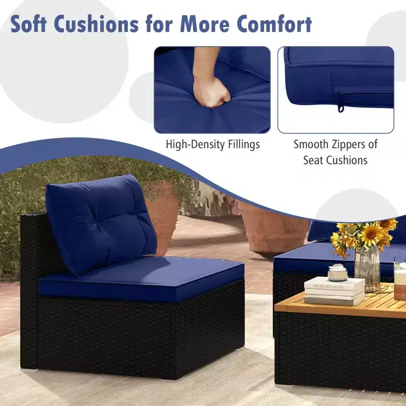 Costway 5-teiliges Outdoor-Möbelset mit Sitz- und Rückenkissen Akazienholz-Tischplatte Blau/Schwarz