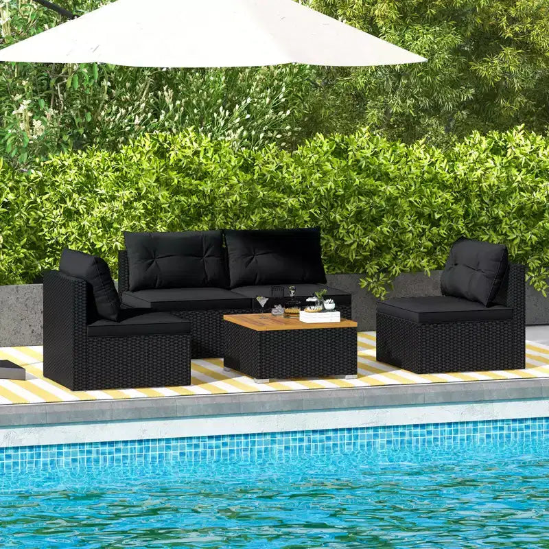 Costway 5-teiliges Outdoor-Möbelset mit Sitz- und Rückenkissen Akazienholz-Tischplatte Blau/Schwarz