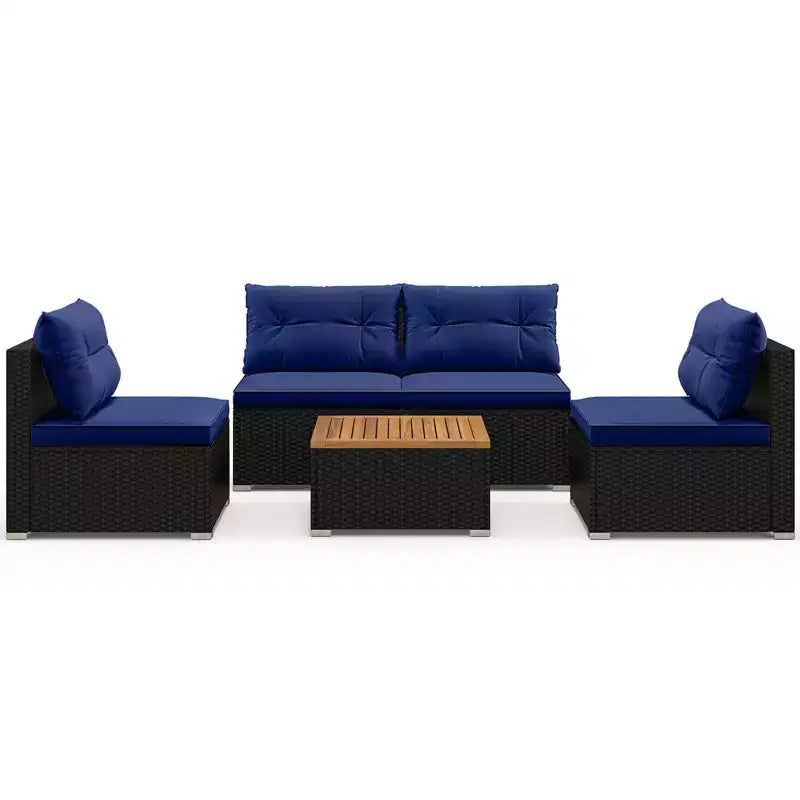 Costway 5-teiliges Outdoor-Möbelset mit Sitz- und Rückenkissen Akazienholz-Tischplatte Blau/Schwarz