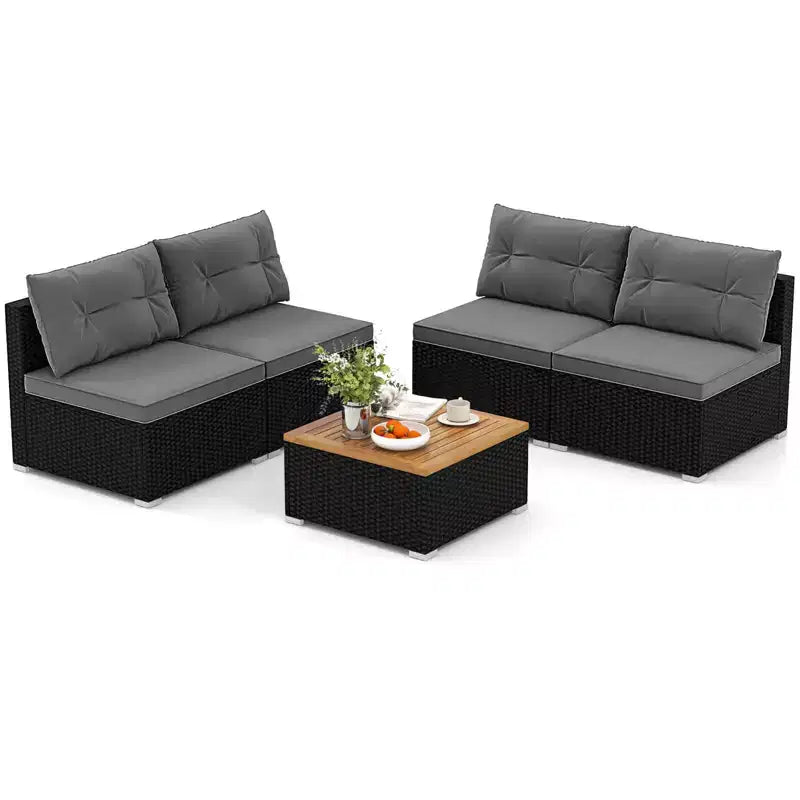 Costway 5-teiliges Outdoor-Möbelset mit Sitz- und Rückenkissen Akazienholz-Tischplatte Blau/Schwarz