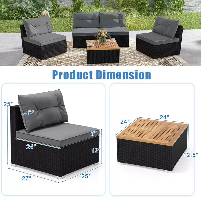 Costway 5-teiliges Outdoor-Möbelset mit Sitz- und Rückenkissen Akazienholz-Tischplatte Blau/Schwarz