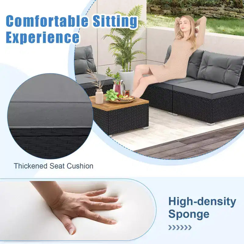 Costway 5-teiliges Outdoor-Möbelset mit Sitz- und Rückenkissen Akazienholz-Tischplatte Blau/Schwarz