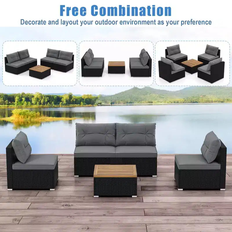 Costway 5-teiliges Outdoor-Möbelset mit Sitz- und Rückenkissen Akazienholz-Tischplatte Blau/Schwarz