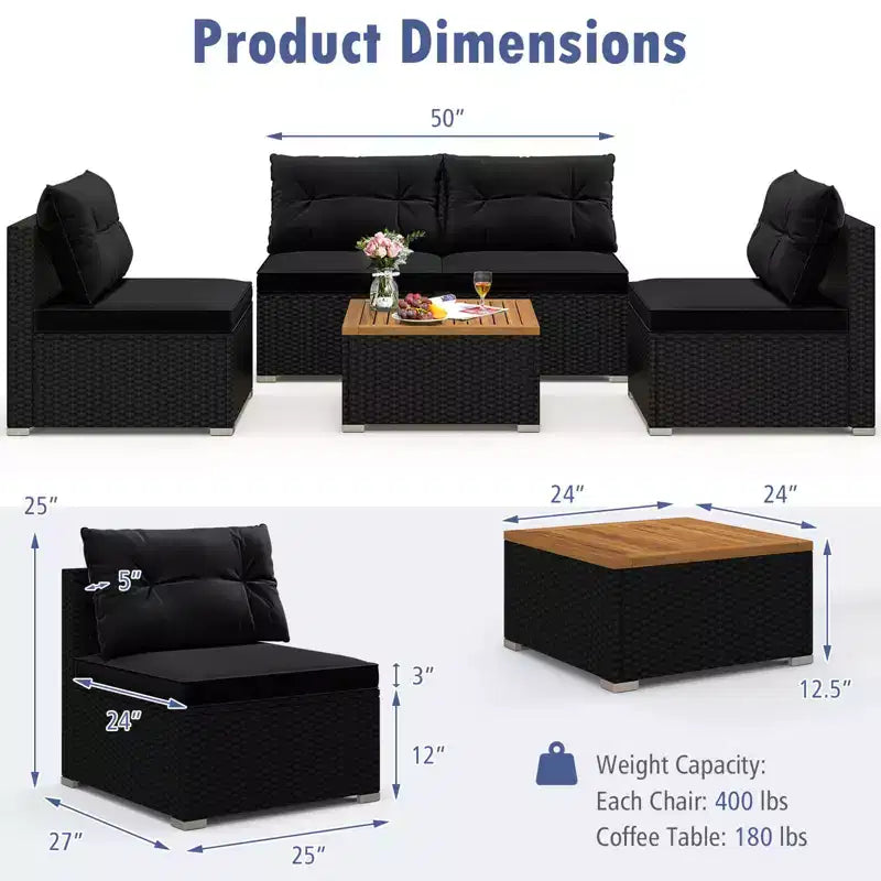 Costway 5-teiliges Outdoor-Möbelset mit Sitz- und Rückenkissen Akazienholz-Tischplatte Blau/Schwarz