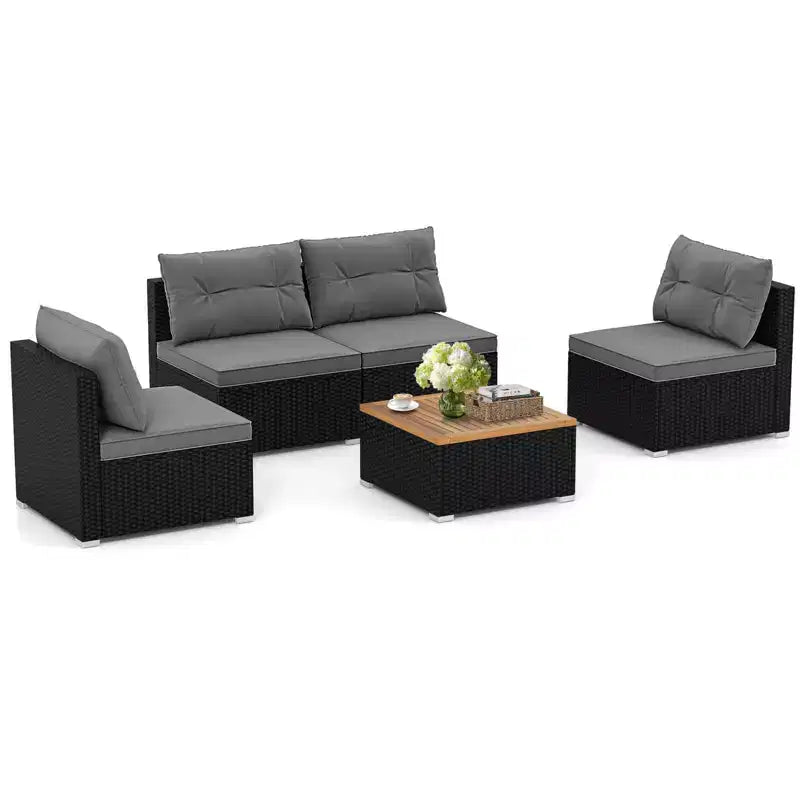 Costway 5-teiliges Outdoor-Möbelset mit Sitz- und Rückenkissen Akazienholz-Tischplatte Blau/Schwarz