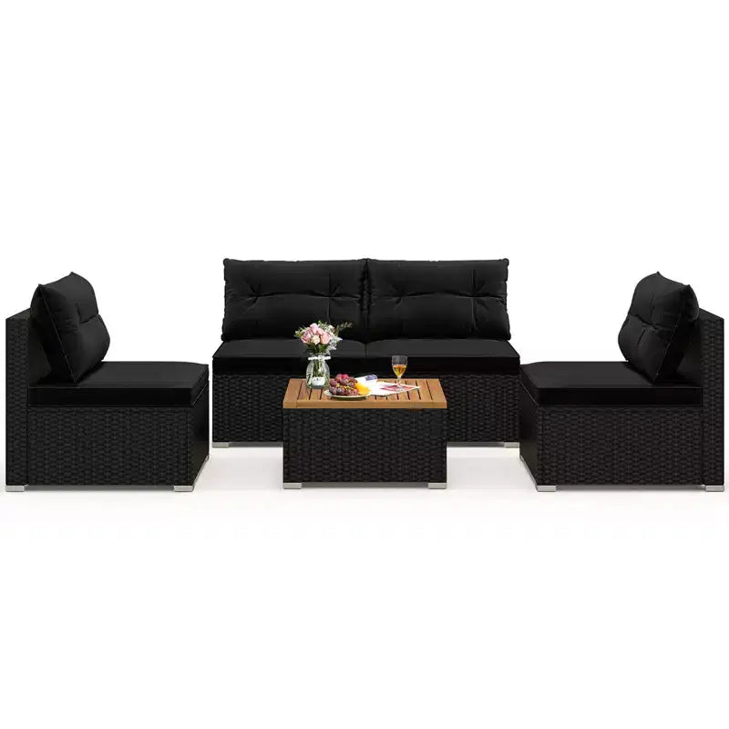 Costway 5-teiliges Outdoor-Möbelset mit Sitz- und Rückenkissen Akazienholz-Tischplatte Blau/Schwarz