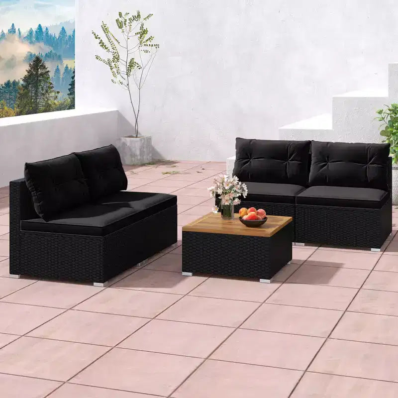 Costway 5-teiliges Outdoor-Möbelset mit Sitz- und Rückenkissen Akazienholz-Tischplatte Blau/Schwarz