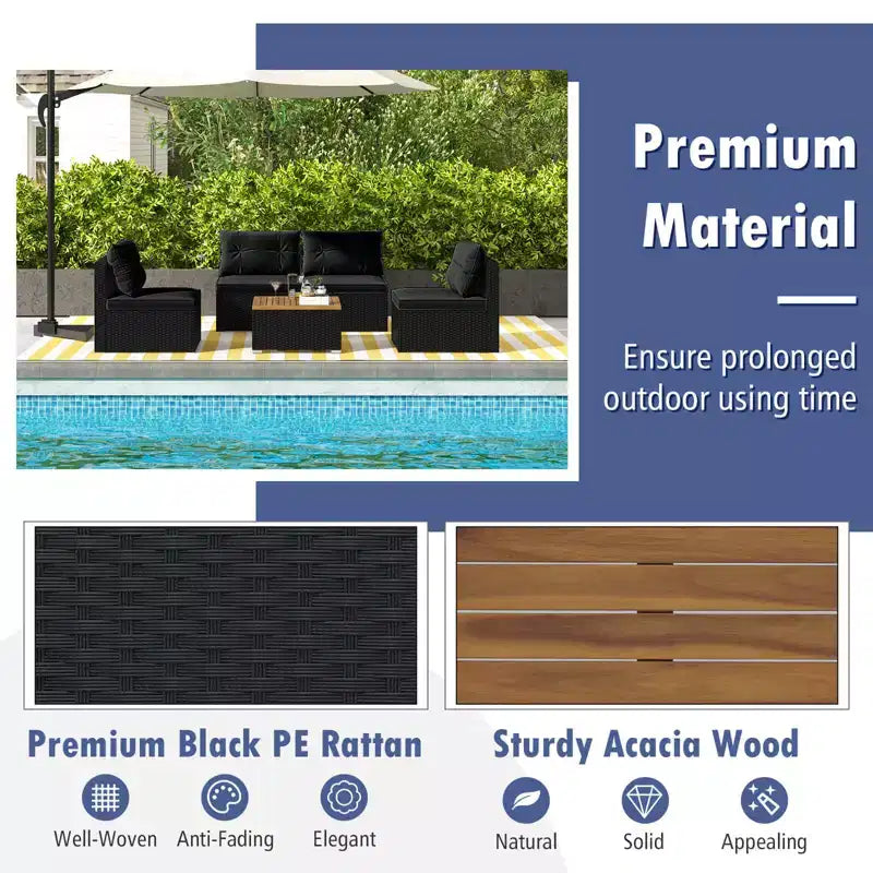 Costway 5-teiliges Outdoor-Möbelset mit Sitz- und Rückenkissen Akazienholz-Tischplatte Blau/Schwarz