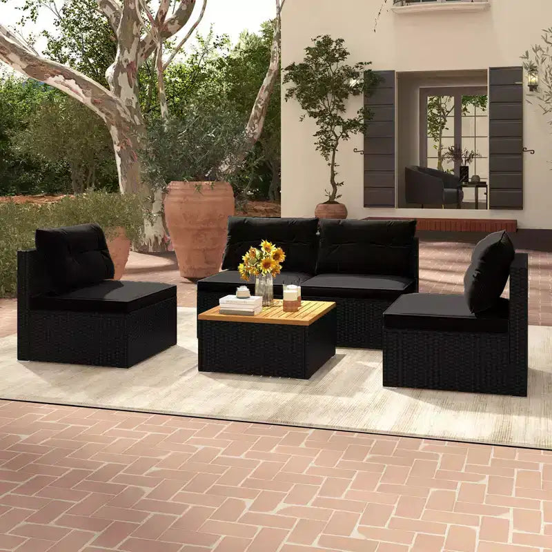 Costway 5 Piece Outdoor Furniture Set with Seat & Back Cushions Acacia Wood Tabletop Blue/Black