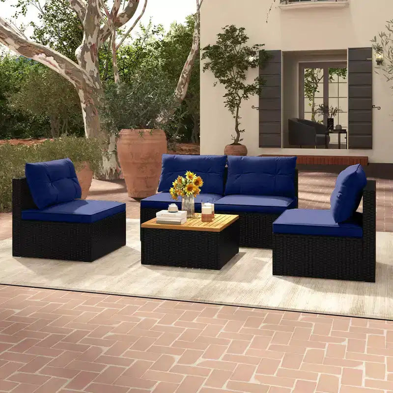 Costway 5-teiliges Outdoor-Möbelset mit Sitz- und Rückenkissen Akazienholz-Tischplatte Blau/Schwarz