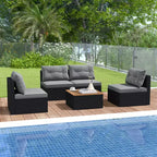 Costway 5-teiliges Outdoor-Möbelset mit Sitz- und Rückenkissen Akazienholz-Tischplatte Blau/Schwarz