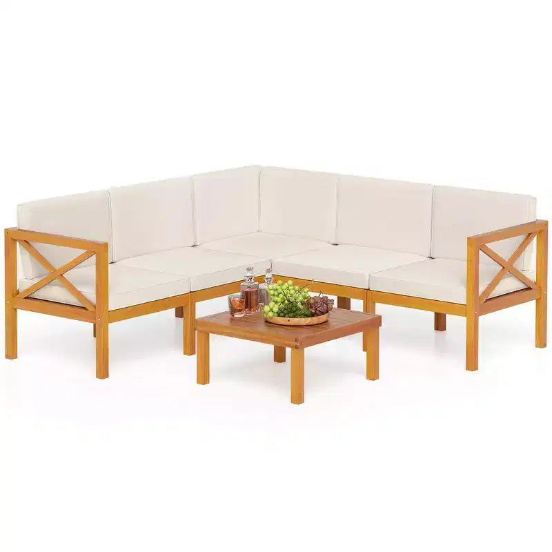 Costway 6-teiliges Terrassenmöbel-Set aus Akazienholz mit Kissen und Couchtisch für den Garten
