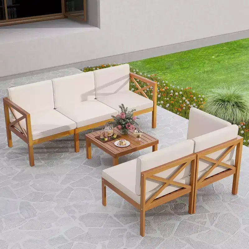 Costway 6-teiliges Terrassenmöbel-Set aus Akazienholz mit Kissen und Couchtisch für den Garten