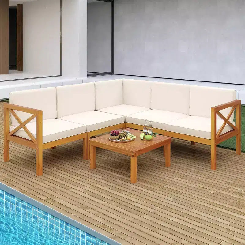 Costway 6-teiliges Terrassenmöbel-Set aus Akazienholz mit Kissen und Couchtisch für den Garten
