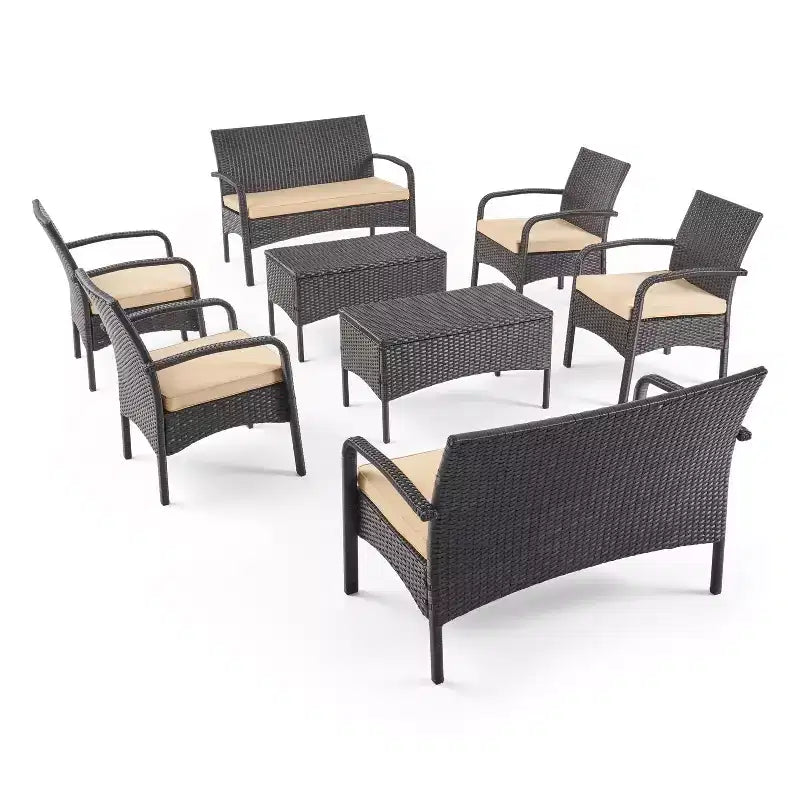 GDFStudio Kilburn Outdoor Wicker and Iron 8 Seater Chat Set with Cushions
