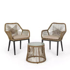 GDFStudio Fromberg Outdoor Wicker 3 Piece Chat Set with Cushion, Light Brown/Beige